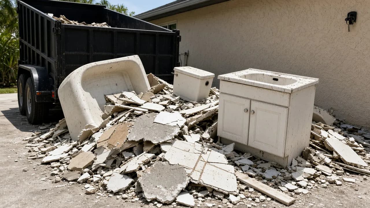 Torn-out bathroom vanity, tile, and drywall from a bathroom remodel ready for the dumpster