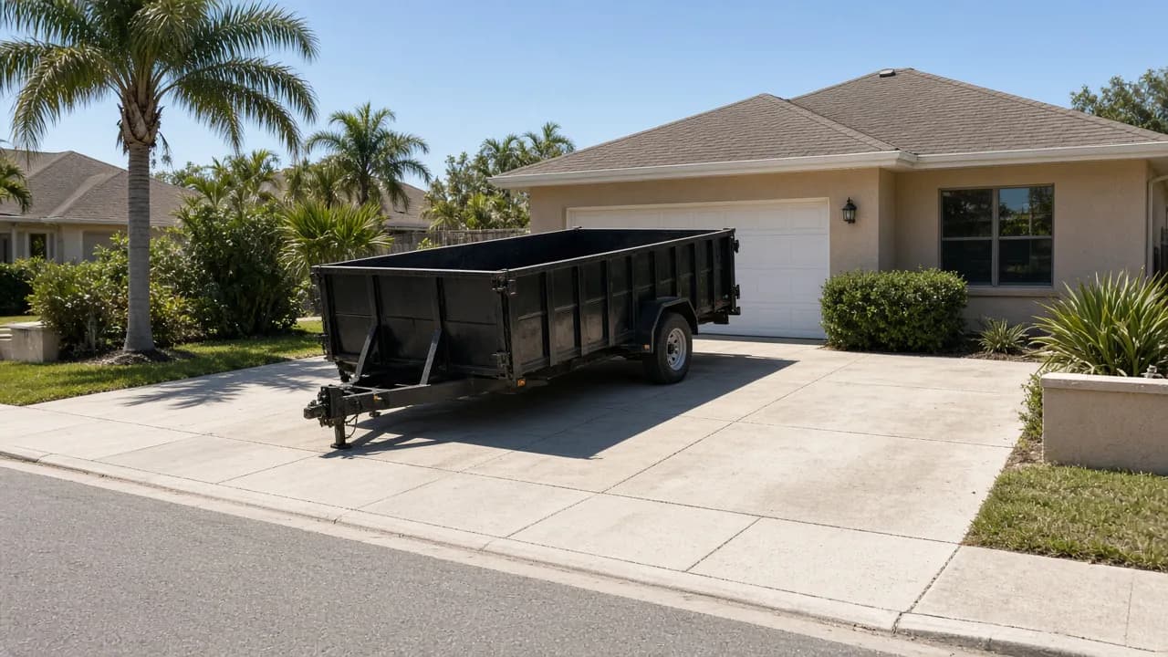 Dump trailer dumpster parked in a residential driveway in Pasco County, FL, no street permit needed