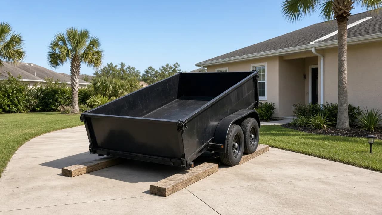 Black dump trailer dumpster rental parked on protective boards in a Pasco County, FL driveway