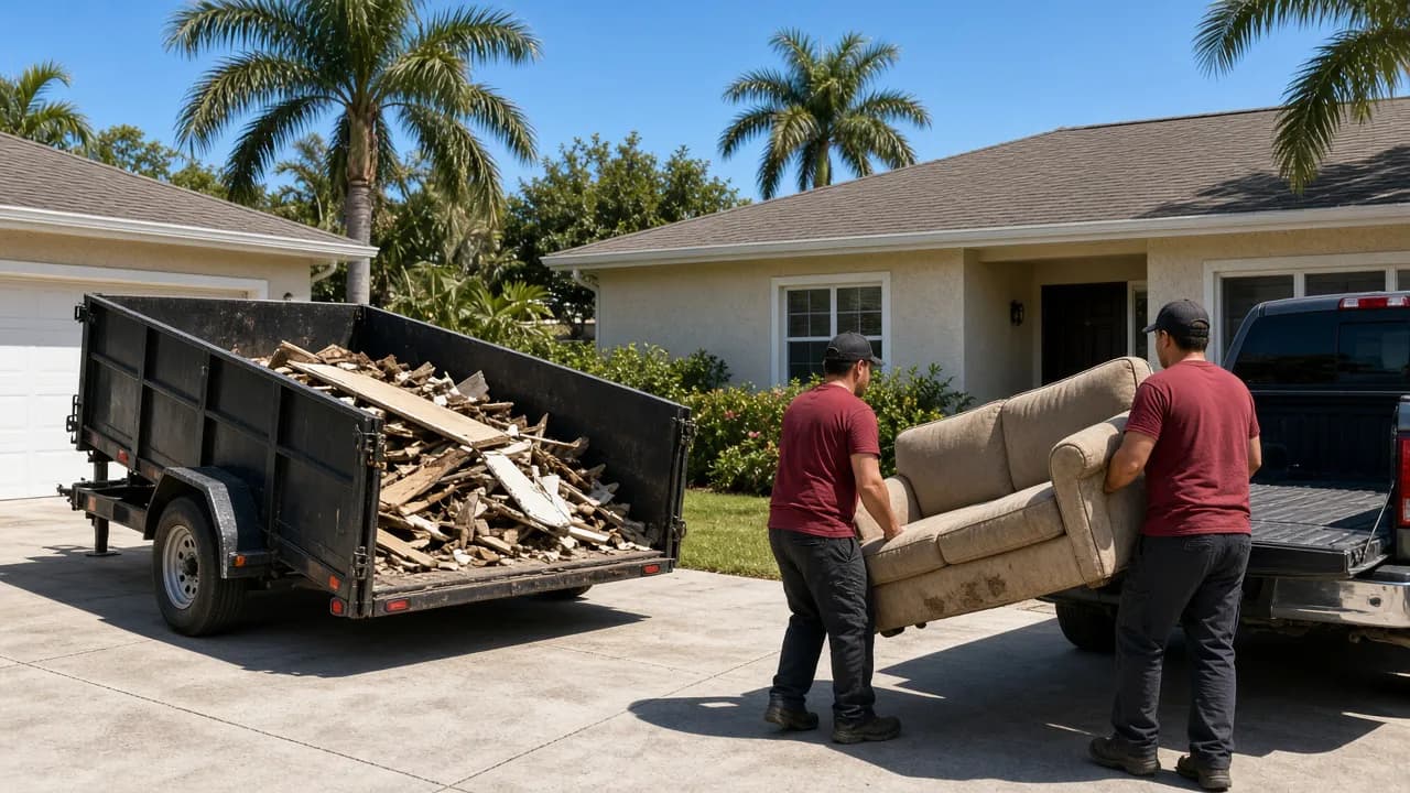 Dump trailer dumpster in a driveway next to a junk removal crew carrying a sofa