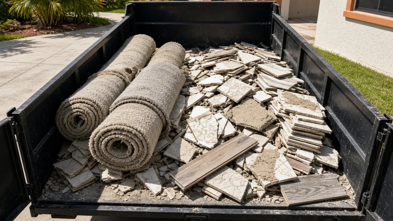 Rolled carpet and broken floor tile from a flooring tear-out loaded in a dump trailer