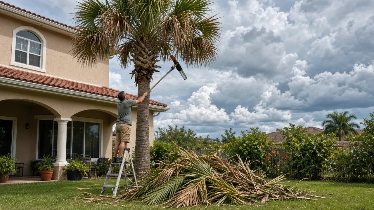 Homeowner trimming palm fronds and clearing yard debris before hurricane season in Florida