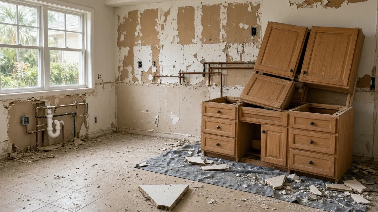 Old kitchen cabinets and countertop pieces stacked for disposal during a kitchen remodel