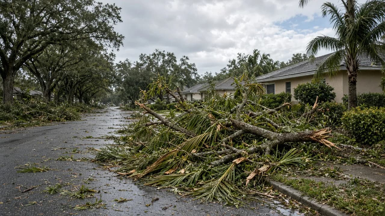 Fallen oak branches and storm debris piled along a Florida street after a hurricane