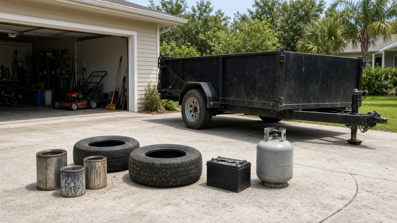Paint cans, tires, and batteries set aside from a dumpster because they are prohibited items