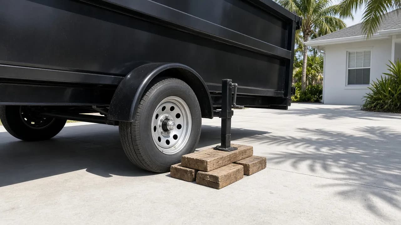 Dump trailer dumpster resting on protective wood boards on a concrete driveway in Florida