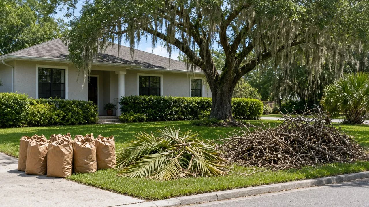 Piles of palm fronds, branches, and bagged leaves from a Pasco County yard cleanup