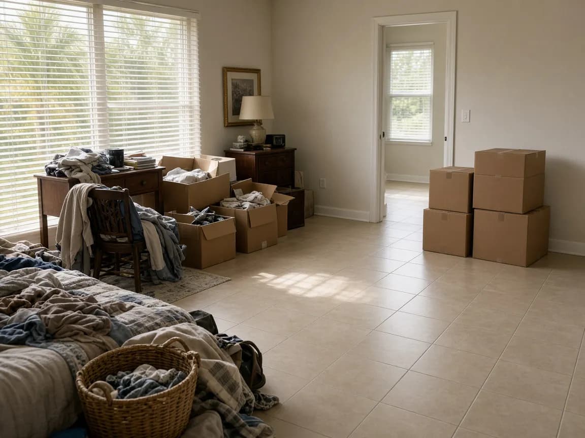 Bedroom halfway through an estate cleanout, with packed boxes and a cleared tile floor in a Florida home