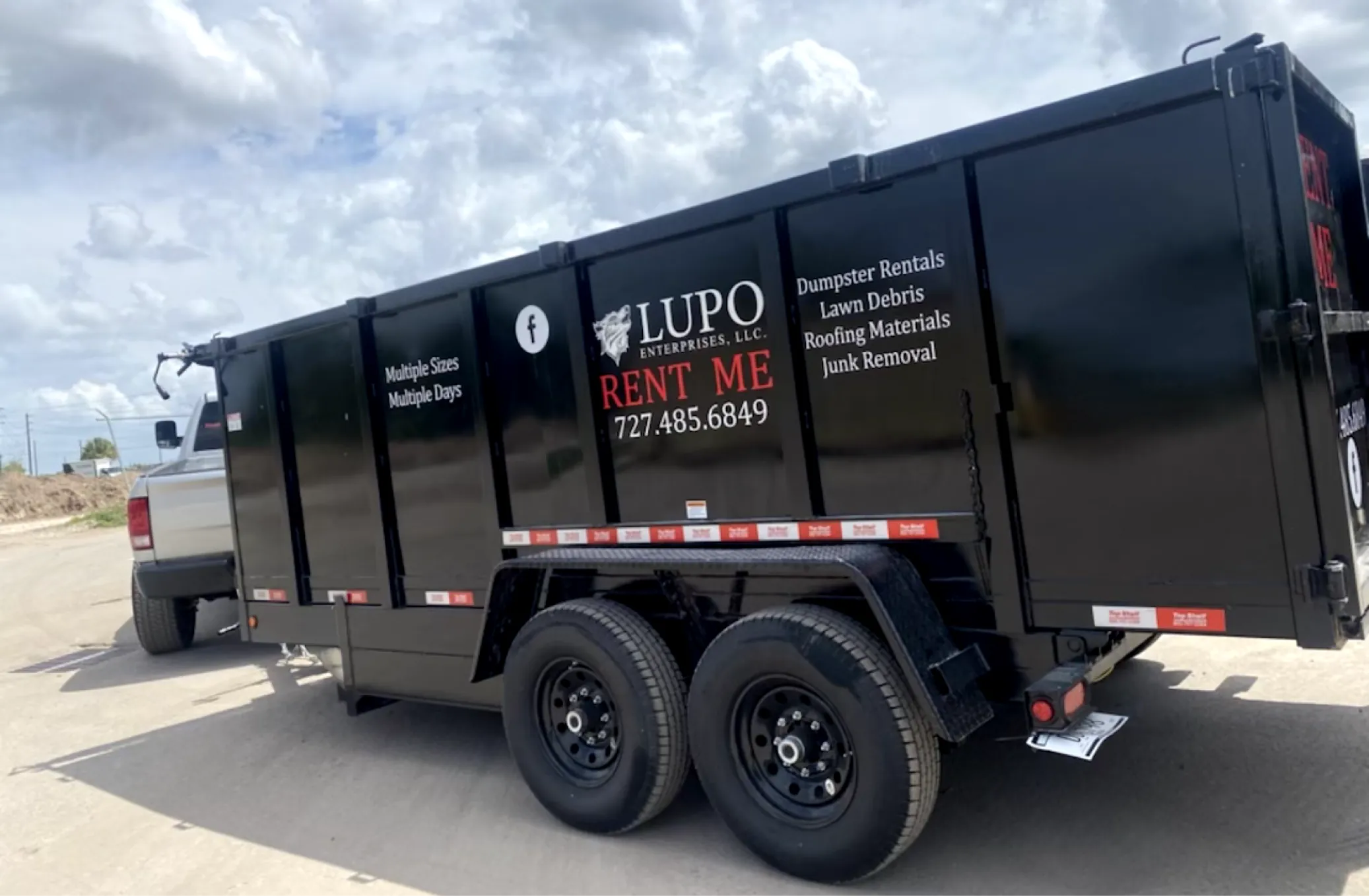 Lupo dumpster trailer, one of three dumpster sizes available