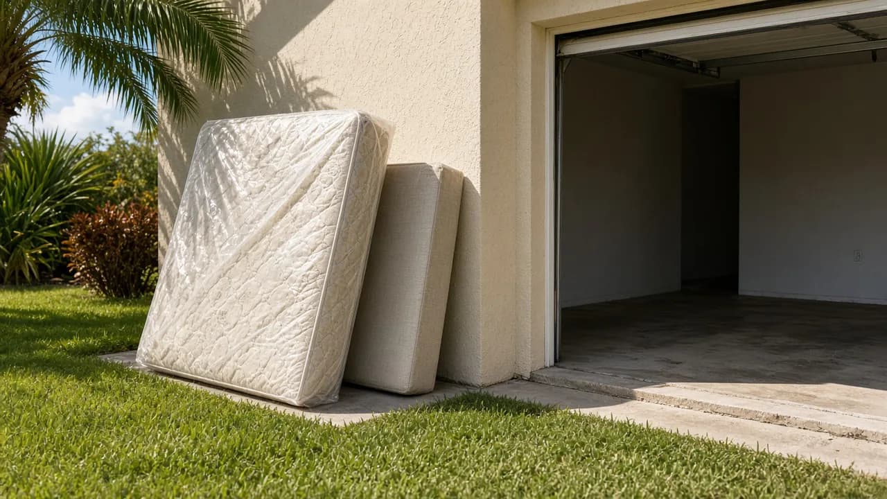 Old mattress wrapped in plastic leaning by a garage in Florida, ready for mattress disposal