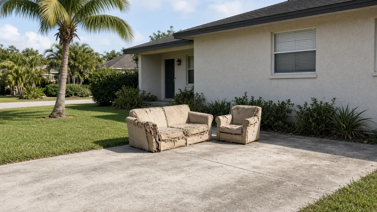 Old couch and armchair set out in a Florida driveway, waiting for furniture removal