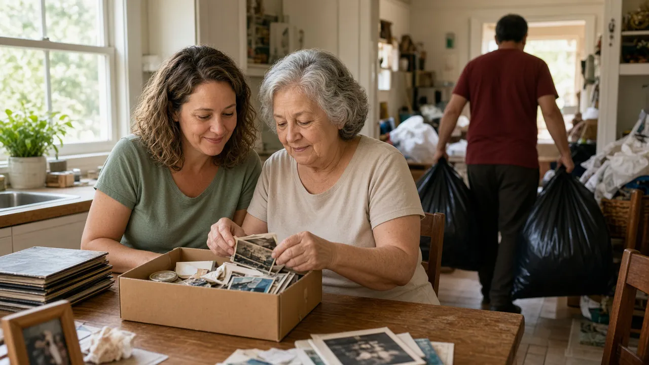 Family member and cleanup crew sorting belongings together during a hoarding cleanup