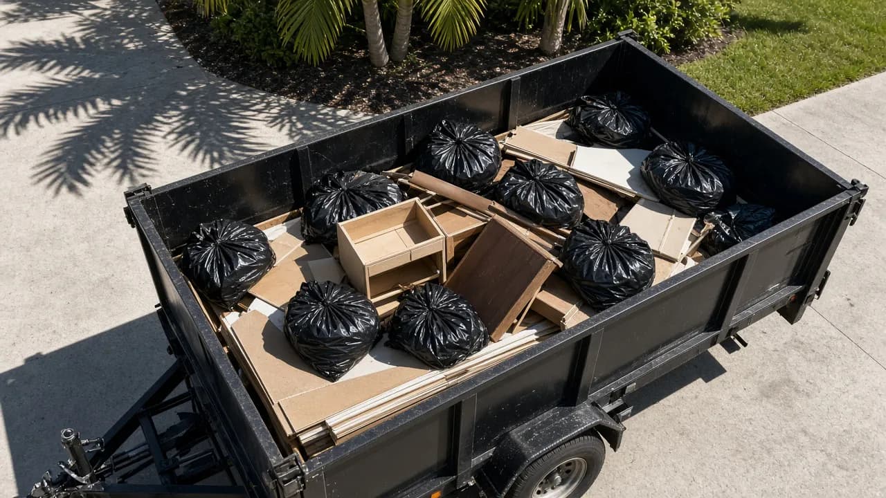 Neatly loaded dump trailer with flat debris on the bottom and bagged trash on top