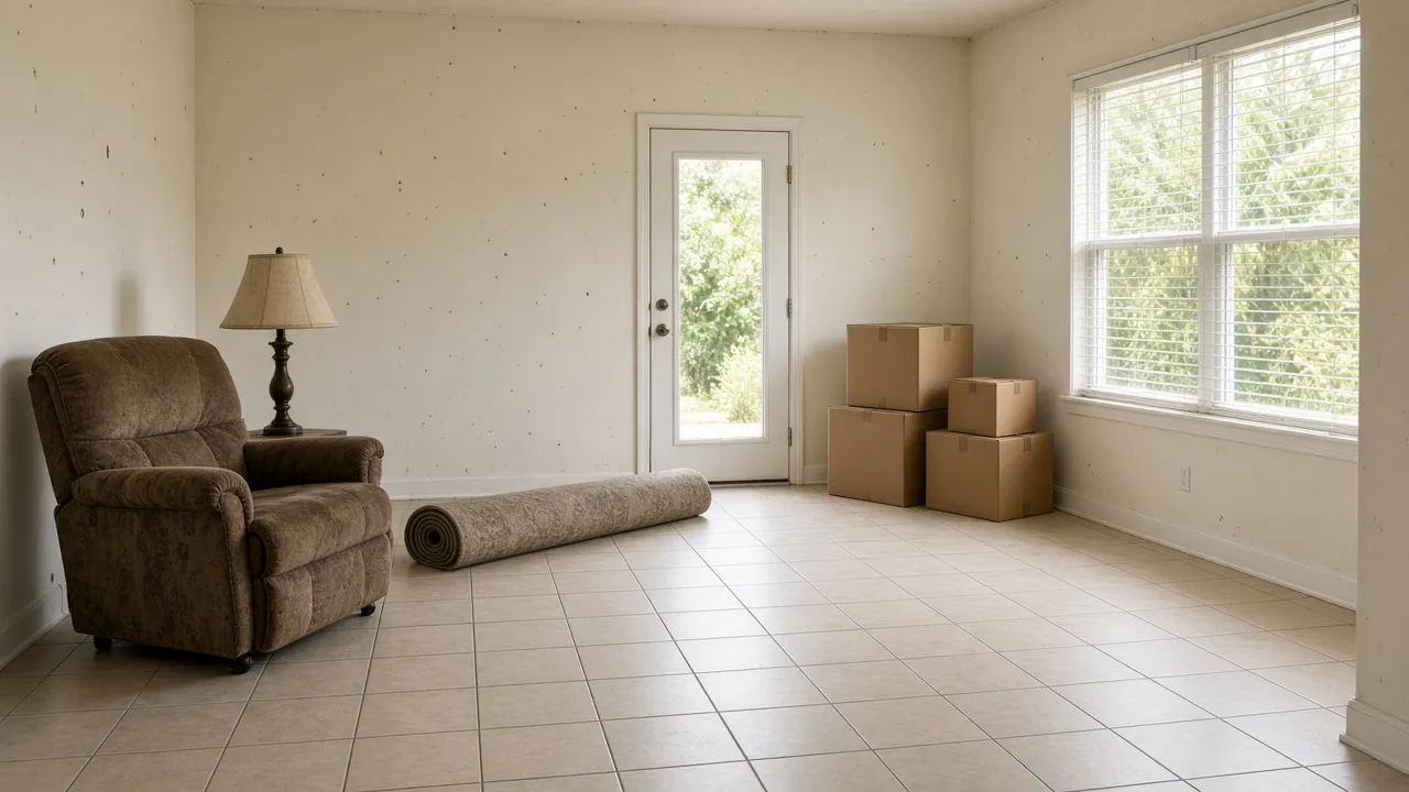 Moving boxes and unwanted furniture in a Florida home during a moving-out cleanout