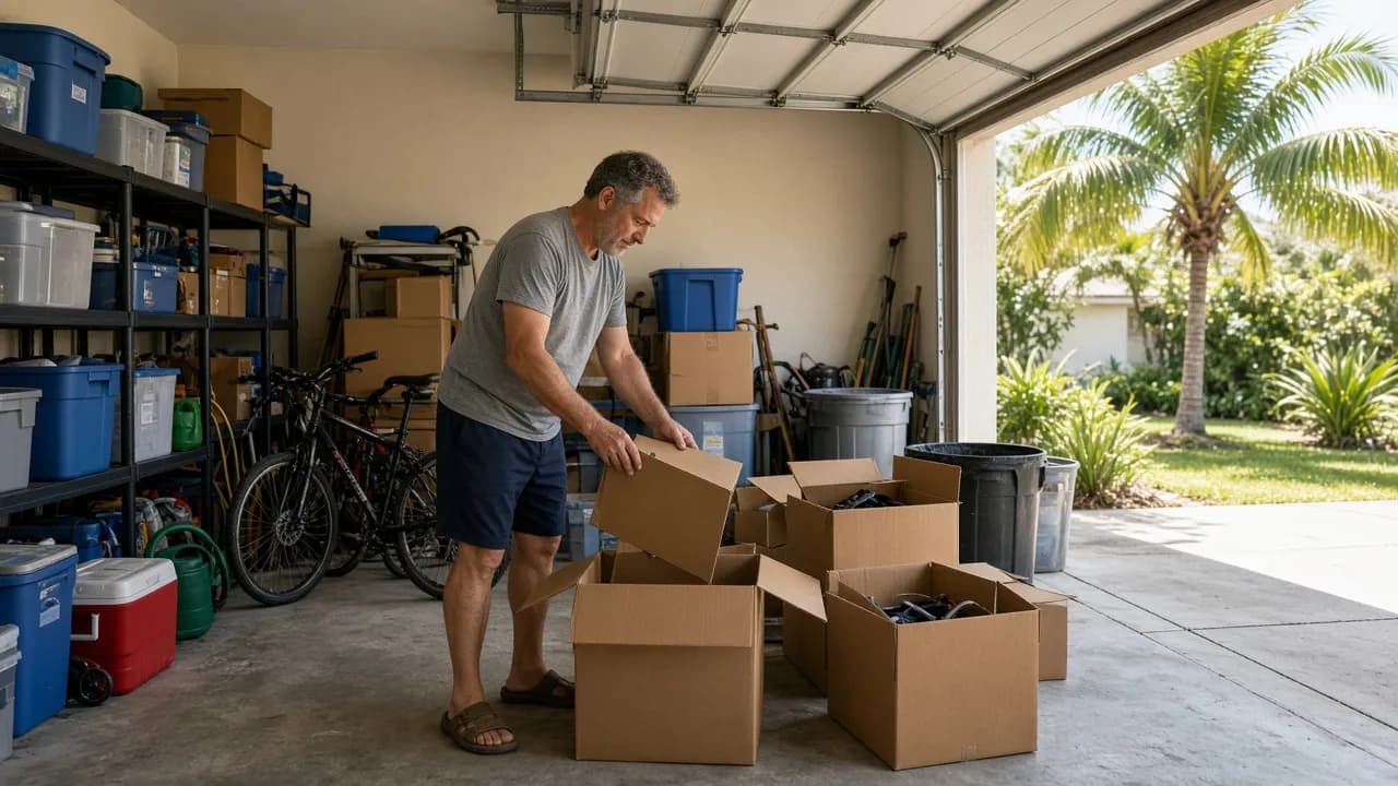 Homeowner sorting boxes in a cluttered Florida garage during a New Year garage cleanout