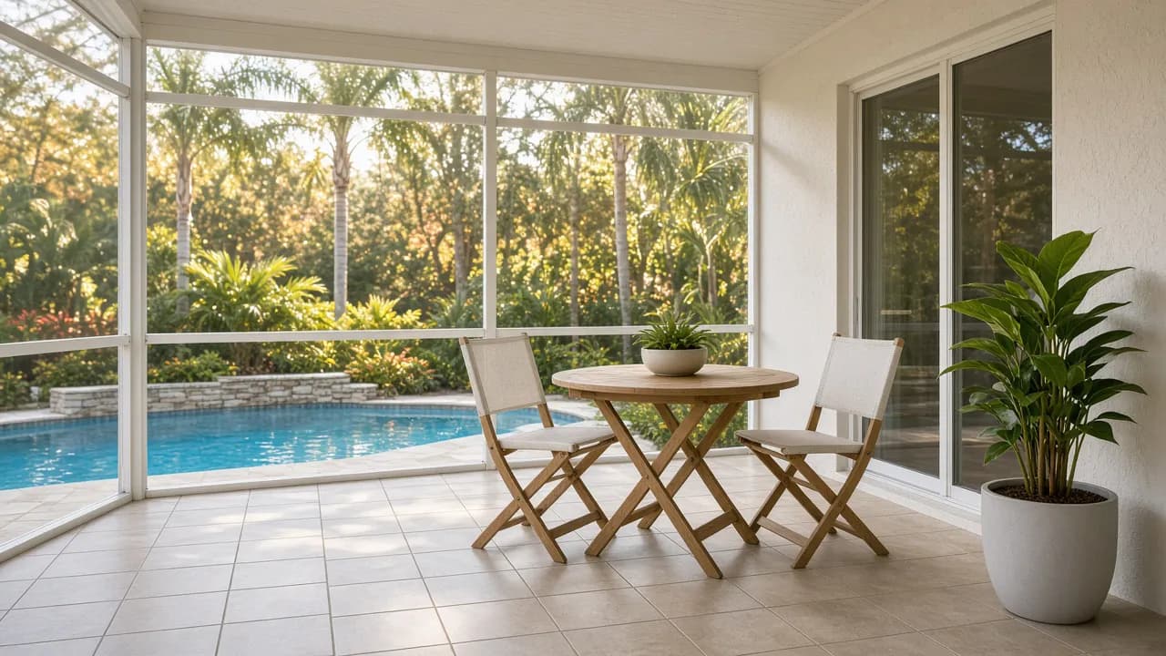 Bright Florida lanai cleared of old patio furniture before snowbird season