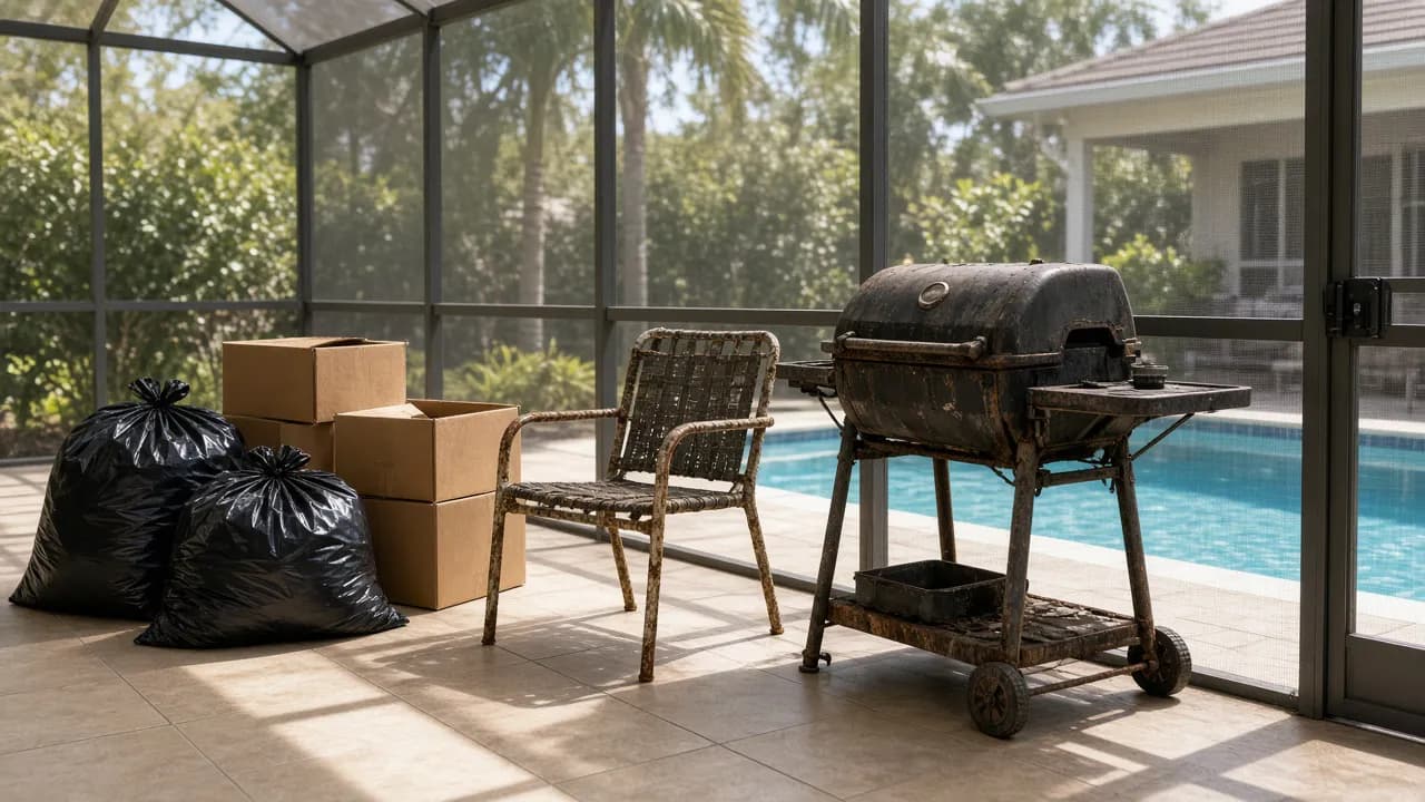 Bags and boxes of household junk sorted on a Florida lanai during spring cleaning