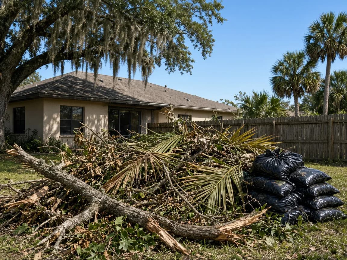 Pile of storm-fallen oak branches, palm fronds, and bagged leaves in a Florida backyard, ready for yard waste removal